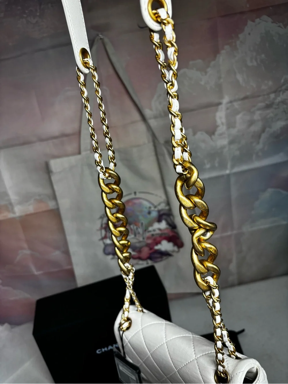 CHANEL White Quilted Leather Mini Flap Bag with Gold Chain Strap